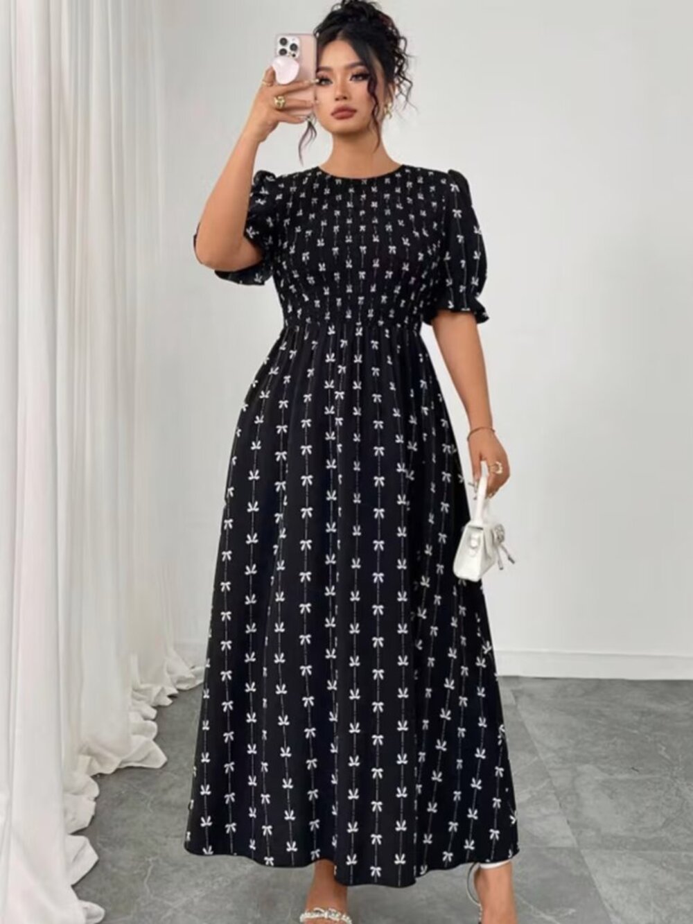 Black and White Ribbon Bow Print Gathered Dress